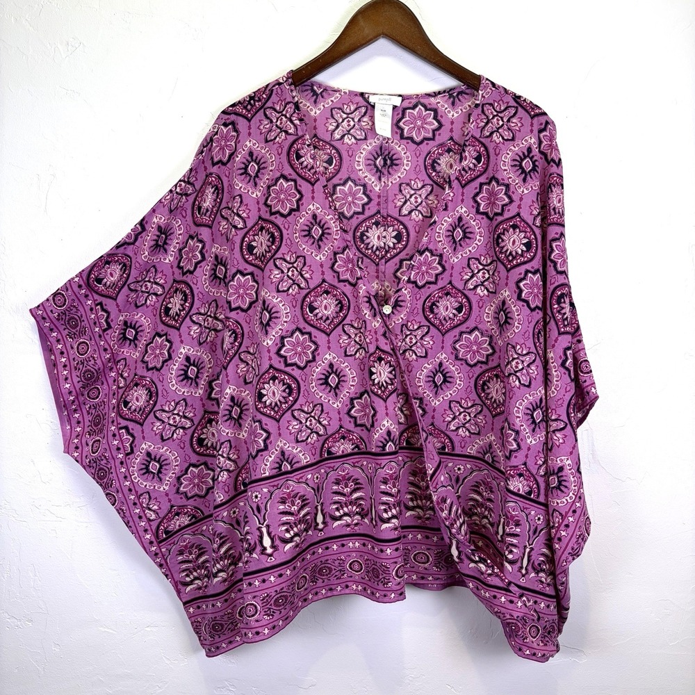 Pure Jill 100% Cotton Oversized Caftan Blouse Size XL-3X Purple Pink Block Print
